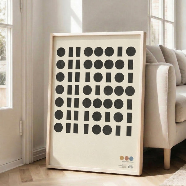 Modern minimalist screenprint featuring an orderly grid of black and cream geometric shapes in the classic Bauhaus aesthetic.