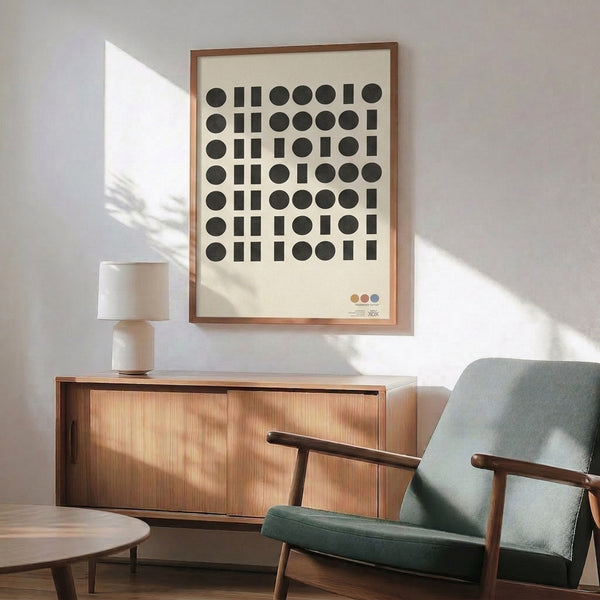 Framed Bauhaus-inspired wall art with a balanced composition of charcoal circles and rectangles on cream in a contemplative minimalist style.