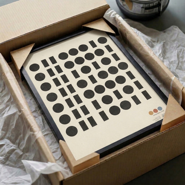 Contemporary geometric poster in restrained cream and black tones, presenting a carefully structured Bauhaus grid of circular and rectangular forms.