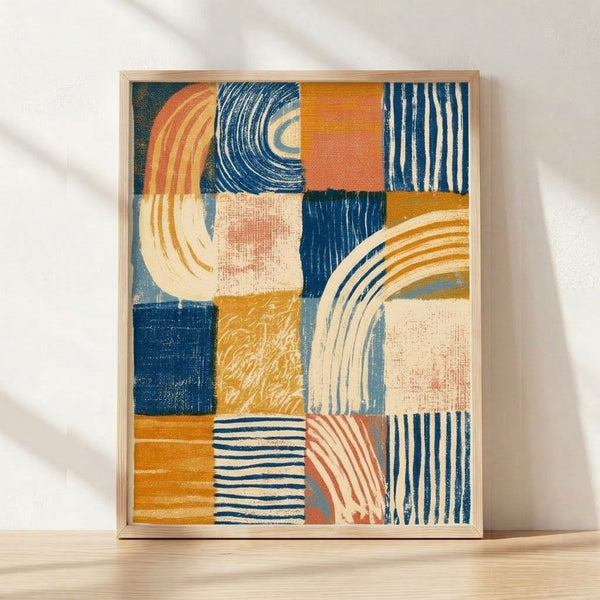 Bauhaus patchwork grid print featuring abstract geometric shapes, curves, and color blocks in navy blue, burnt orange, cream, terracotta, and mustard gold on a framed poster.