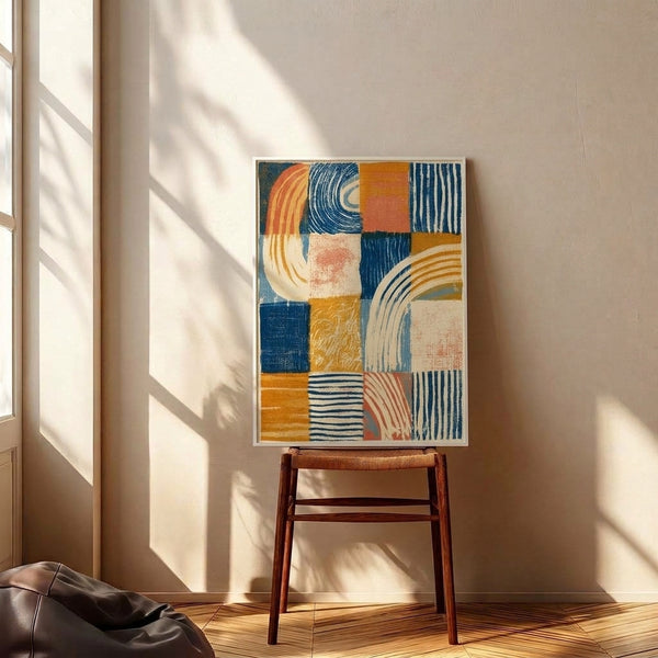 Abstract Bauhaus grid design combining geometric shapes and curved lines in a constructive arrangement of navy, terracotta, cream, and gold hues as a framed print.