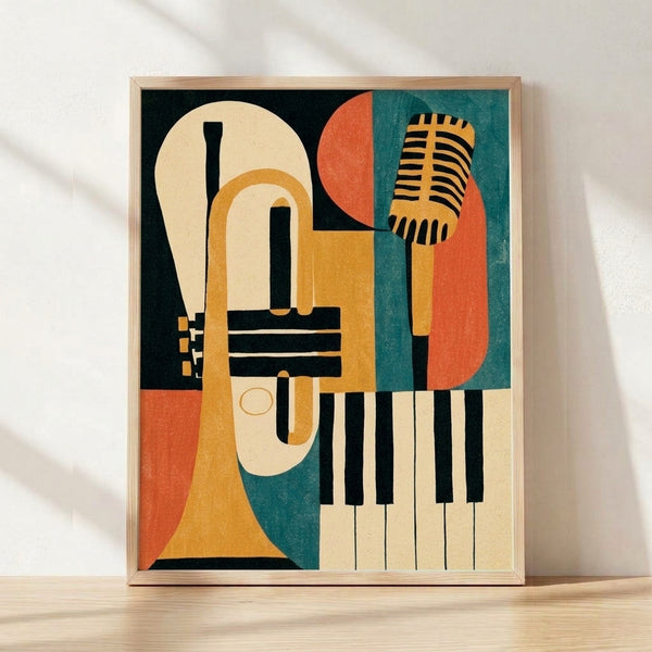 Bauhaus-style geometric poster featuring a jazz trio with trumpet, microphone, and piano rendered in cream, gold, rust orange, and teal shapes on a dark background, framed on a wall.