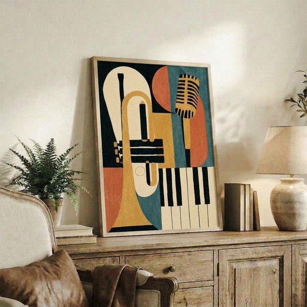 Mid-century modern art print showcasing stylized musicians playing trumpet, vocals, and keyboard in minimalist geometric forms with sophisticated cream and rust tones against dark panels.