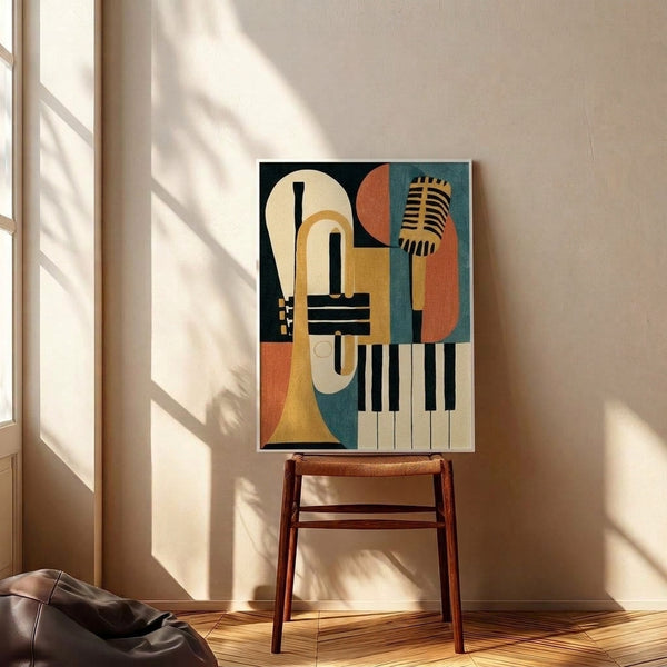 Vibrant jazz-themed wall art in Bauhaus aesthetic with abstract representations of musical instruments—trumpet, mic, and piano—composed of bold geometric shapes in gold, teal, and cream.