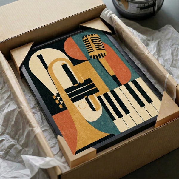 Framed geometric poster celebrating jazz music with minimalist interpretations of a trumpet player, vocalist, and keyboardist in earthy gold and rust hues with deep teal accents.