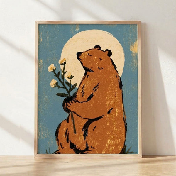 Minimalist retro poster featuring a serene bear holding pressed flowers beneath a full moon, rendered in teal, rust, and cream tones with gold accents.
