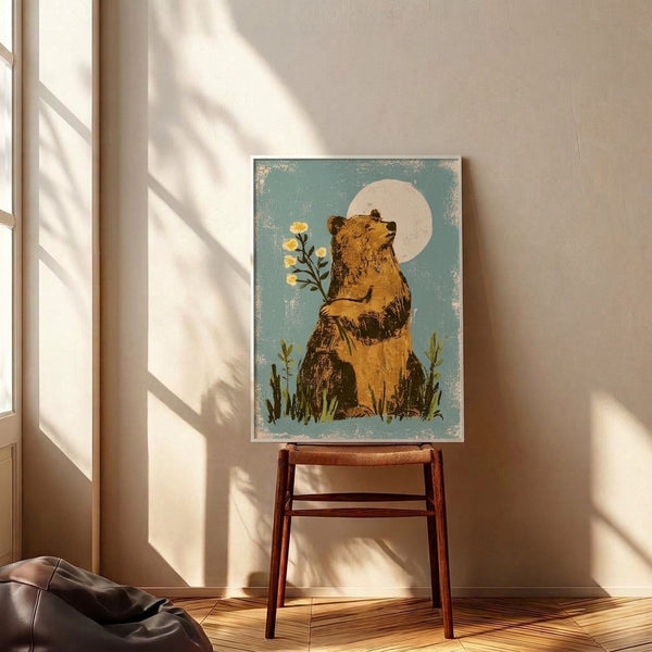 Serene teddy bear in a moonlit meadow of wildflowers rendered in warm golden browns and cool teals with vintage retro styling; whimsical framed wall art with a dreamy, peaceful mood.