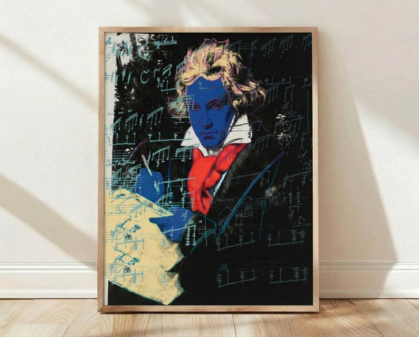 Pop art style portrait of Beethoven with bold, vibrant colors and high-contrast printing, framed as a poster on a wall.