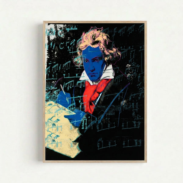 Beethoven's face rendered in bright, saturated hues typical of Warhol-inspired pop art, displayed as a framed wall print.