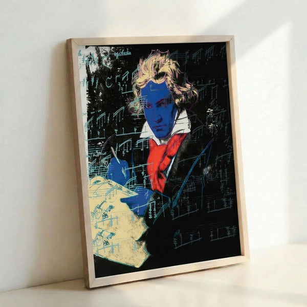 Colorful pop art interpretation of the classical composer Beethoven, featuring expressive brushwork and vivid tones in a framed poster format.