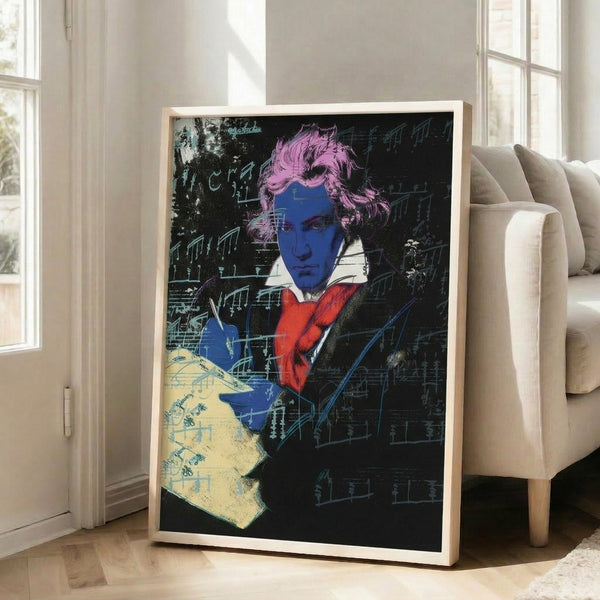 Warhol-influenced portrait of Beethoven with striking color blocking and repeated tonal variations, hung as a contemporary art print.