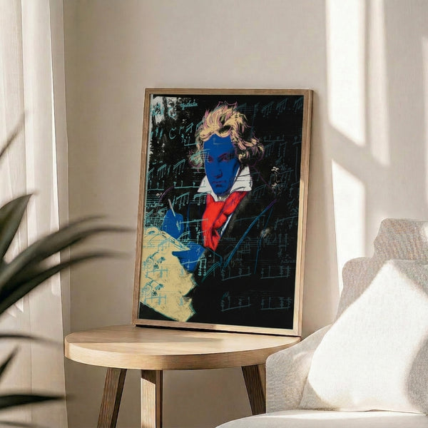 Bold pop art rendering of Beethoven's iconic likeness in jewel tones and contrasting hues, presented as a framed gallery-style poster.