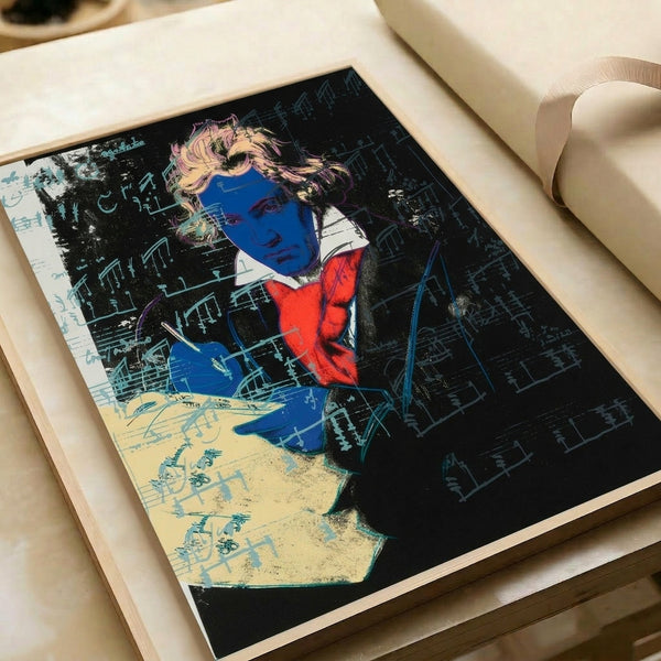 Vibrant, stylized portrait of Beethoven combining classical subject matter with modern pop aesthetic, framed and displayed as wall art.
