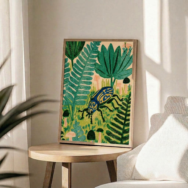 Boho nature poster with hand-carved linocut style showing an iridescent beetle nestled among botanical elements in soft peachy, teal, and beige hues.