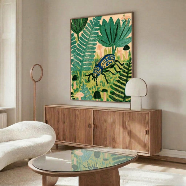 Whimsical botanical wall art featuring a jewel beetle in linocut style, surrounded by forest floor plants in warm earth tones and cool teals.