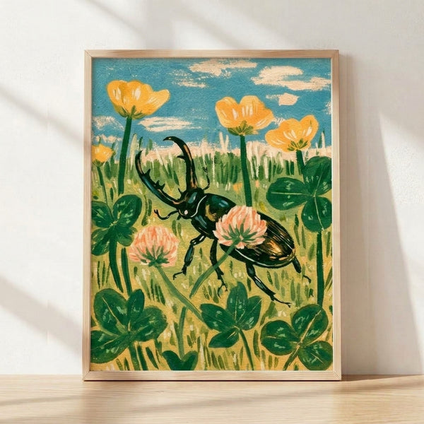 Vintage cottagecore poster art featuring a detailed stag beetle resting on clover flowers in a meadow, rendered in soft teal, butter yellow, forest green, and blush pink tones with a whimsical pastoral mood.