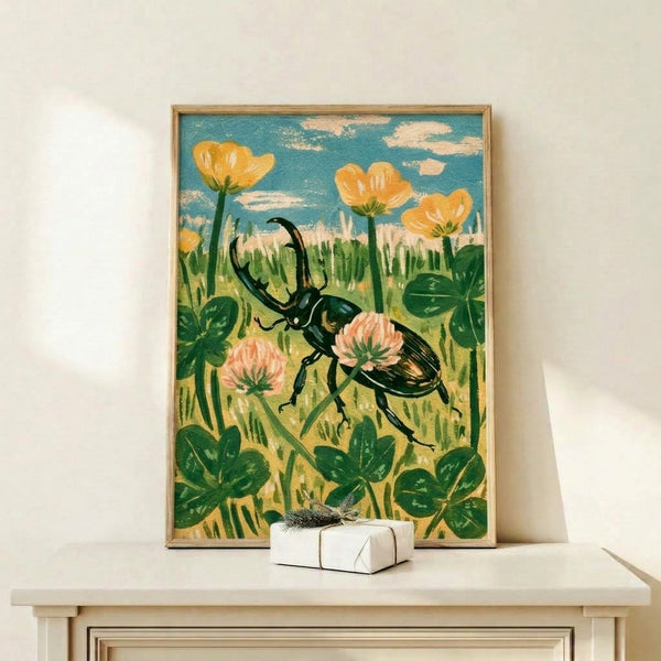 Framed botanical folk art print of a stag beetle among four-leaf clovers and wildflowers in a gentle meadow scene, painted in muted vintage colors including cream, teal, and forest green.