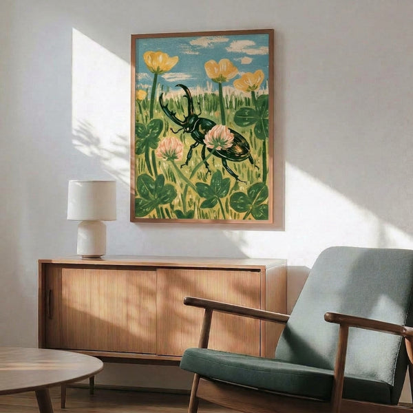 Delicate nature illustration of a stag beetle surrounded by clover blossoms and soft clouds, styled as vintage cottagecore wall art with a dreamy palette of teal blue, yellow, and blush pink.