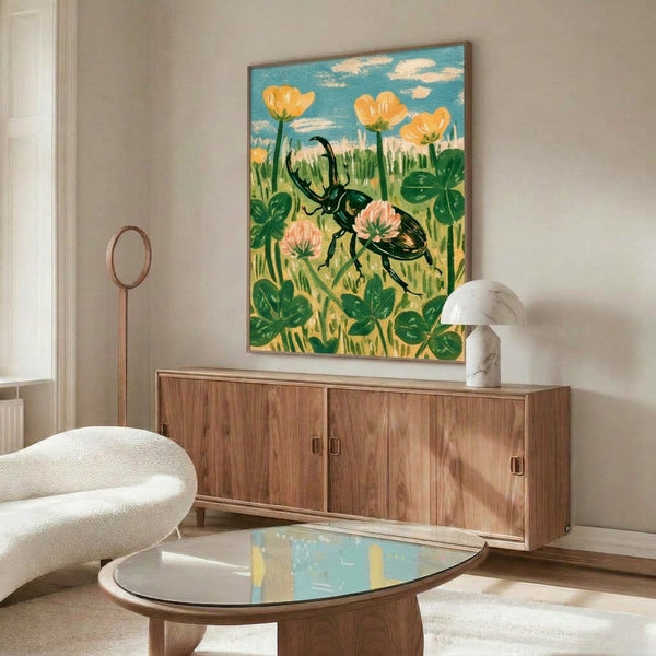 Pastoral stag beetle print on cream background with folk-art botanical details of clover flowers and meadow elements, featuring gentle vintage cottagecore aesthetics in forest green and soft blue tones.