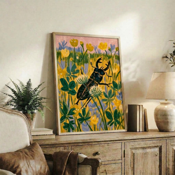 Boho cottage-core style poster featuring a naturalistic stag beetle among a peaceful wildflower meadow in muted watercolor hues.