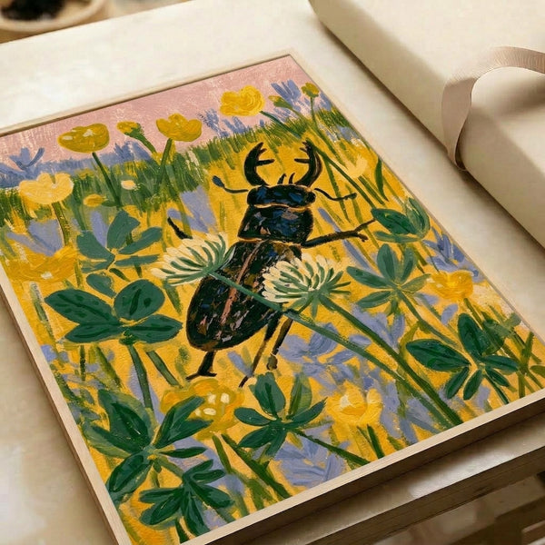 Framed botanical art print showcasing an insect among delicate wildflowers in whimsical watercolor style with soft yellow and rose accents.