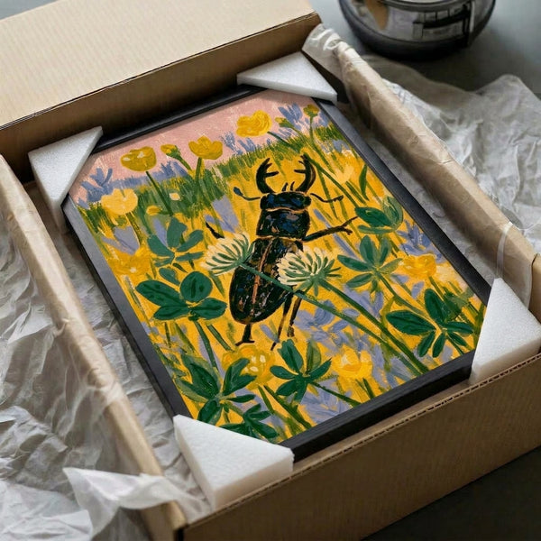 Nature-inspired wall art depicting a stag beetle in a wildflower garden scene rendered in dreamy watercolor tones of blue, green, and dusty florals.