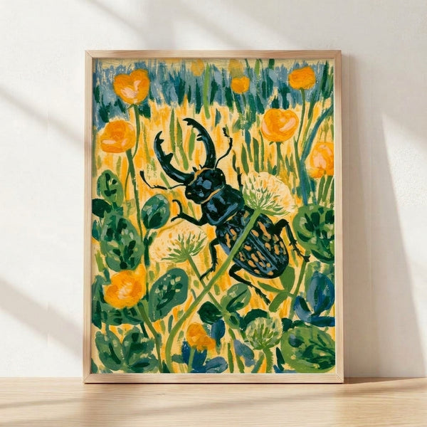 Impressionist art print of a black stag beetle perched among golden yellow and pale cream wildflowers with forest green foliage and slate blue accents, creating a whimsical naturalistic garden scene.