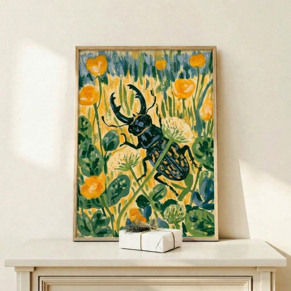 Framed poster featuring a vibrant stag beetle surrounded by delicate wildflowers in warm yellows and cool greens, rendered in modern impressionist style with a dreamy garden mood.
