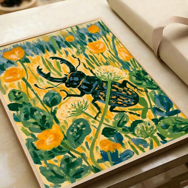 Modern nature poster showcasing a stag beetle among blooming wildflowers in pale cream, golden yellow, and slate blue hues, capturing a vibrant and whimsical garden atmosphere.