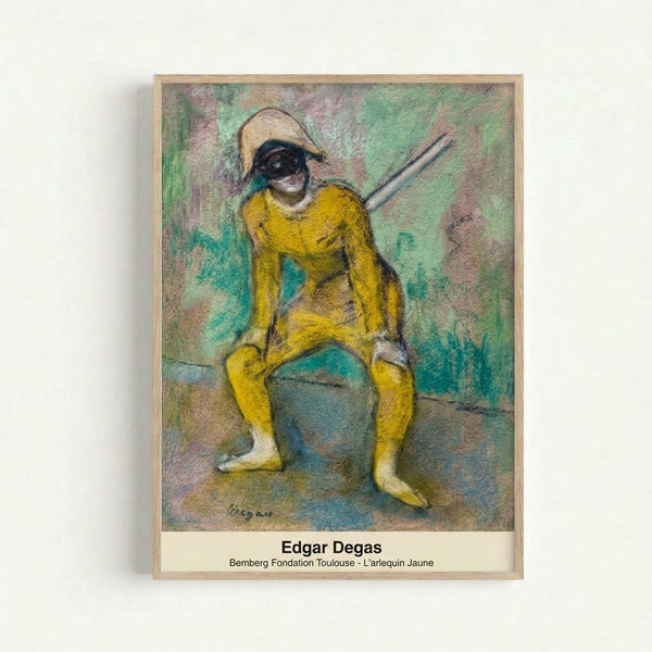 Intimate Degas-style artwork depicting a contemplative female dancer in warm cream and yellow tones, captured in a moment of quiet reflection near a mirror.