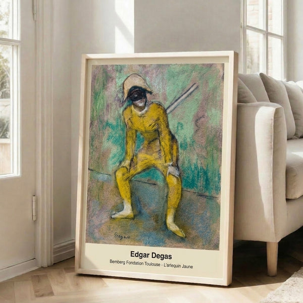 Vintage-inspired framed poster of a solitary dancer in pale yellow, examining her appearance with gentle introspection in a refined, warmly-lit studio setting.