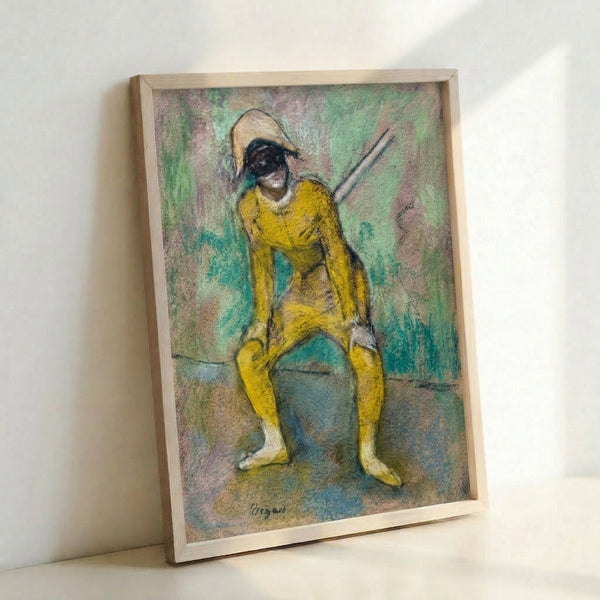 L'Arlequin Jaune wall art print capturing a solitary dancer in golden yellow costume against a soft, atmospheric background in classic Degas style.