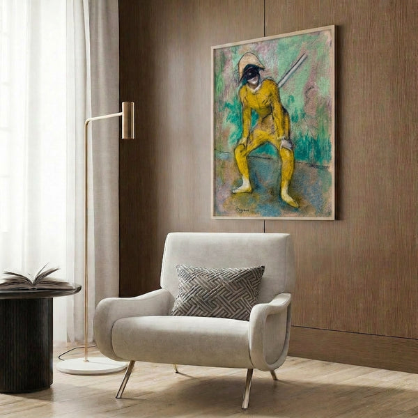 Grandmillennial-style poster of a performer in yellow costume by Degas, framed for living room display with impressionistic technique and muted warm palette.