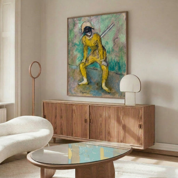 Degas ballet masterpiece L'Arlequin Jaune showing an elegantly posed figure in luminous yellow, rendered with soft pastels and warm earth tones as a framed print.