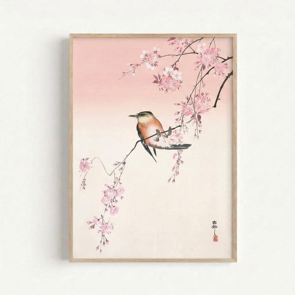 Japandi wall art featuring a contemplative bird among flowering branches rendered in pale pink, charcoal, and soft white with springtime elegance.