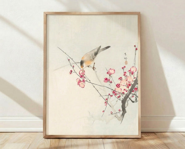 Serene watercolor painting of a bird perched on a cherry blossom branch, rendered in soft pink, cream, and pale green tones with minimalist Japanese aesthetic.