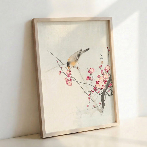 Minimalist watercolor poster showing a single bird on a flowering branch with soft orange and pink blossoms against a cream background, evoking peaceful wabi-sabi sensibility.