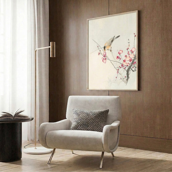 Delicate minimalist watercolor of a perched bird surrounded by blooming cherry branches in soft pastels—pink, cream, and pale green—capturing quiet, meditative mood.