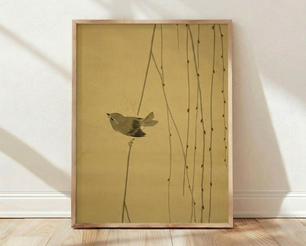 Minimalist line art of a bird perched on a delicate willow branch with hanging reeds, rendered in warm cream and sage tones for a serene Japandi aesthetic.