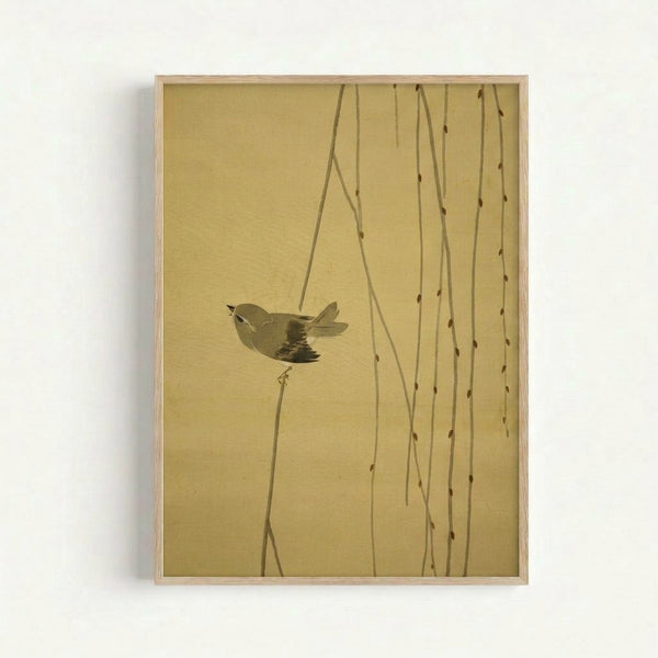 Framed poster featuring a single bird on graceful willow stems in soft tan and brown hues, capturing a calm, zen-inspired mood with minimalist linework.