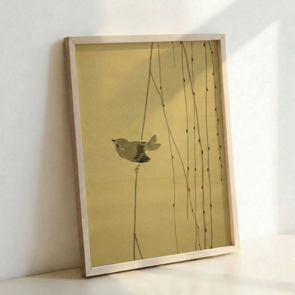 Serene botanical line drawing of a bird resting among willow grasses in cream, tan, and sage green, exemplifying quiet Japandi wall art.