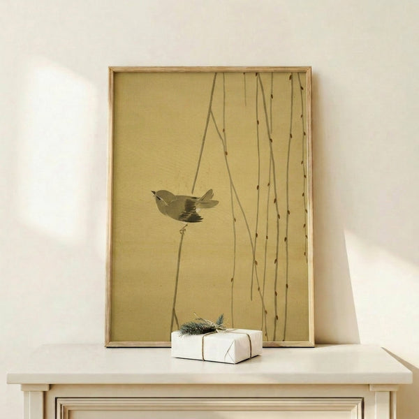 Contemplative bird and reed composition in minimalist style, using warm neutral and soft green tones to create a peaceful, meditative wall art piece.