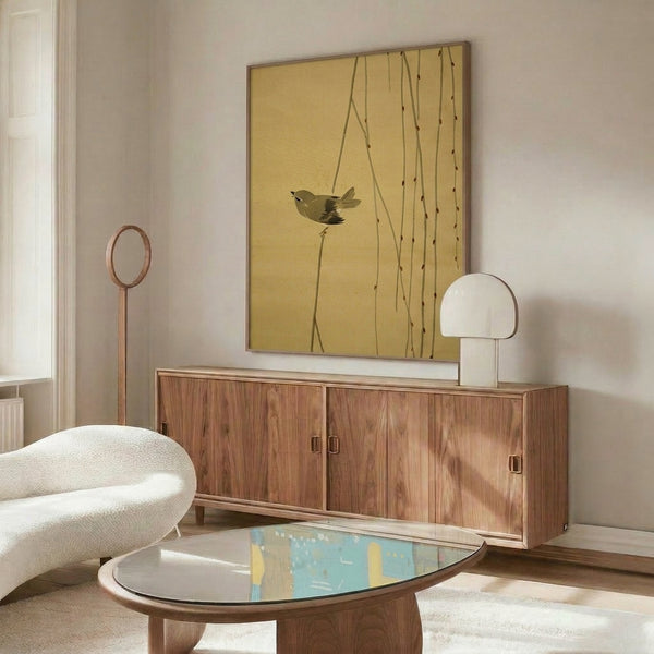 Simple, elegant line art portraying a solitary bird amid flowing reeds in soothing cream and earthy brown tones, ideal for zen-inspired interiors.