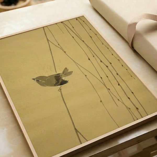 Understated botanical poster showing a bird perched on willow branches with soft sage and tan coloring, embodying minimalist Japandi design principles.
