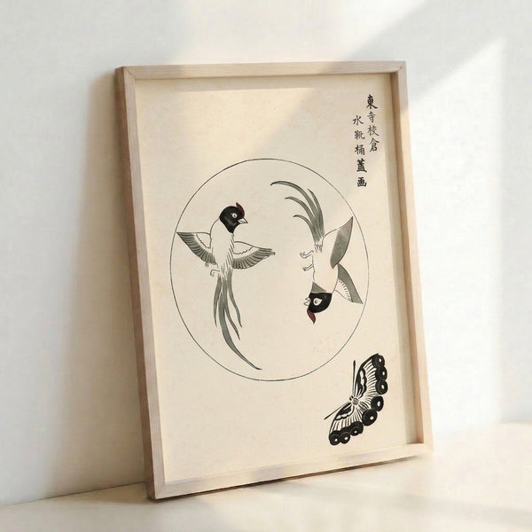 Wall-mounted poster of Japanese woodblock artwork featuring graceful circling birds and an insect among botanical elements, rendered in soft cream and black with touches of pale green.