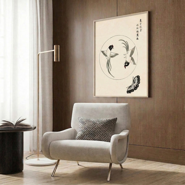 Showa period-style woodblock art print on wall featuring birds and a monarch butterfly in graceful flight over grasses, executed in cream, black, and soft green.
