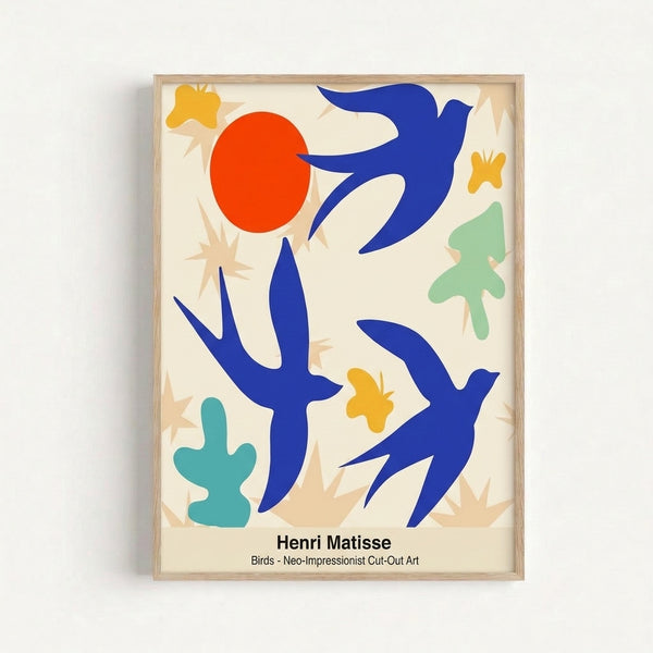 Minimalist bird art print featuring playful curved forms in vibrant jewel tones and white, inspired by modern cut-out techniques.