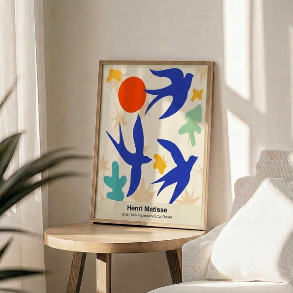 Vibrant abstract bird poster using colorful paper-cut aesthetics with chartreuse, cobalt, and red shapes on a minimalist composition.
