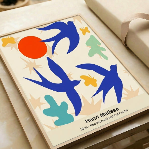 Abstract wall poster featuring whimsical bird forms and organic shapes in bold crimson, blue, and chartreuse with minimalist sensibility.