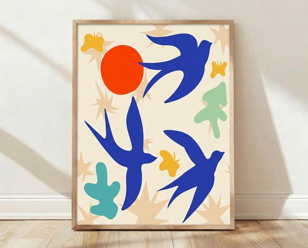 Neo-Impressionist cut-out art poster featuring stylized birds in bold, organic shapes with warm earth tones and soft pastels.